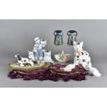 A collection of ceramics and glass, to include a Rye pottery cat, a pair of Dutch art nouveau vases,