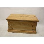 A pine blanket box, rectangular shape, hinge top, plinth base, 67 cm x 35 cm high x 39 cm deep