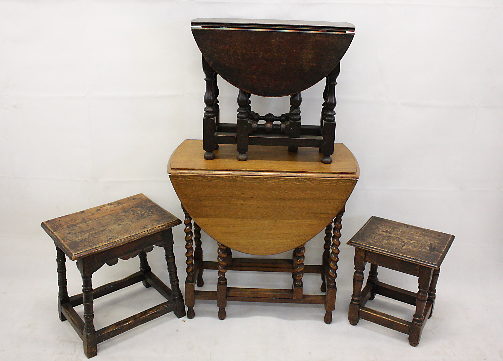 Two gate leg tables, two oak joint stools (4)