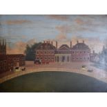 A naïve school, 19th Century oil on board, stately home with carriages and figures, unsigned, in