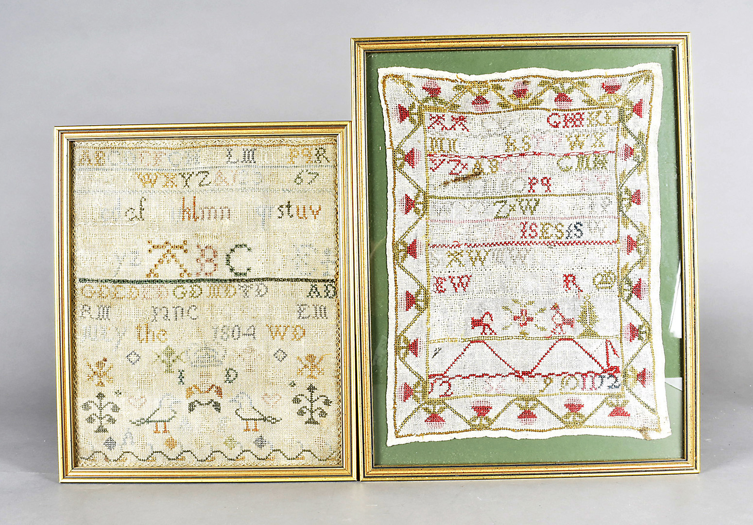 Two samplers, one hessian dated 1804 with two birds 29 cm x 24 cm the other having alphabet