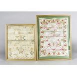Two samplers, one hessian dated 1804 with two birds 29 cm x 24 cm the other having alphabet