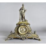 A 19th Century figural mounted ornate mixed metal mantel clock, silvered dial, gilt roman