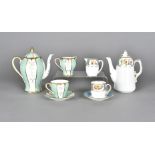 An art deco Bell china coffee set, with stylised floral design against a wavy green ground, together