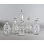 Three pairs of cut glass decanters and stoppers, including one marked Hollands and another Brandy,