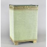 A green painted Lloyd Loom style linen basket bedside, with frosted glazed top, 54 cm high x 37 cm
