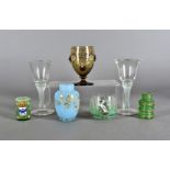 A pair of cotton twist wine glasses, a continental footed beer tankard and various other items of