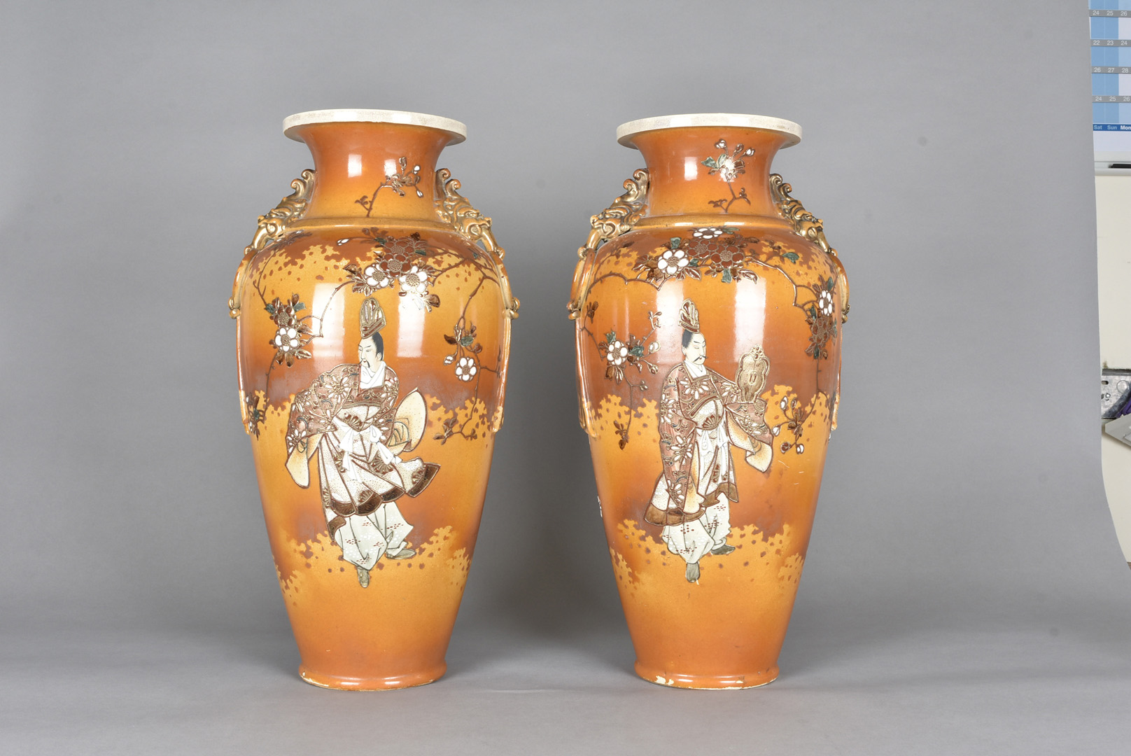 A pair of Japanese Meiji period satsuma vases, decorated with fighting warriors, moulded dragon mask - Image 2 of 2