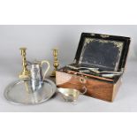 A 19th Century walnut brass bound writing slope, together with a pair of brass candlesticks, a