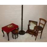 A child's correction chair, a mahogany dressing table mirror, a cabriole legged stool, standard lamp