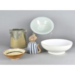 A miscellaneous collection of contemporary pottery, including a porcelain ash glazed bowl, two