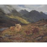 Hamilton George, 20th Century, oil on canvas, highland cattle in landscape, signed lower right, 39