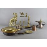 A collection of brass and copper, including a Benson lidded lined jug, a copper and brass powder