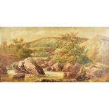 19th Century English School, oil on canvas, landscape with bridge, faintly inscribed verso, dated