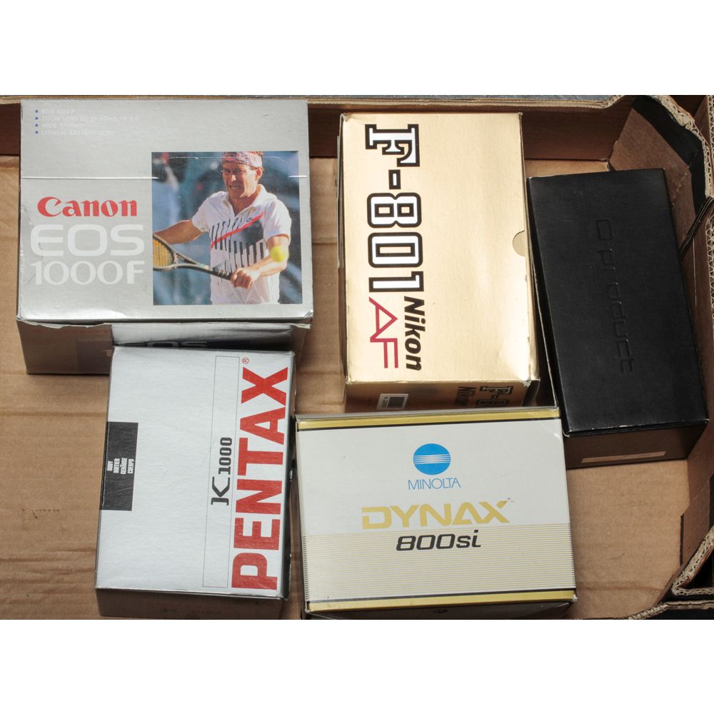 Olympus O-Product 35mm Camera, in original box with flash, Pentax K1000, Nikon F-801AF, Canon EOS