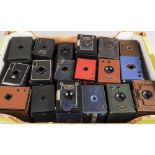 A Tray of Box Cameras, manufacturers including Ensign, Coronet and Kodak