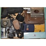 A Tray of Various Cameras and Accessories, including a Bell&Howell 16mm with Taylor Hobson Serital