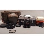 Leitz Leicaflex SLR Camera, Summicron 50mm f/2 lens, Leitz lens hood, filter and leather case