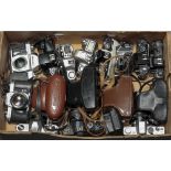 A Tray of 35mm SLR Cameras and Bodies, examples from Pentax, Nikon, Minolta, Ricoh, Praktica and