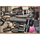 A Tray of Zoom Lenses, manufacturers including Canon FL, Pentax, MInolta together with flash