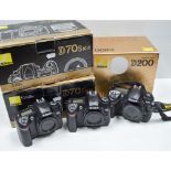 Nikon DSLR Bodies, D70s (2) body G/VG, no battery packs, together with a D200 body G/VG complete