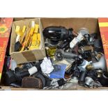 An Assortment of Photographic Equipment, glass lens elements, Prism, slide housings, adapters,