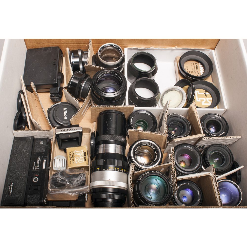Nikon Lenses, including Nikkor 24mm f/2.8, Nikkor H.C Auto 28mm f/3.5, Nikkor H Auto 28mm f/3.5,