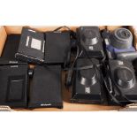 Polaroid Cameras, three Polaroid 100 EE cameras, a Fujifilm instax 100 together with Polaroid backs