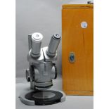 Zeiss Stereo Microscope, together with a stand metal stand and wooden box
