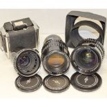 Medium Format Lenses, a Bronica Zenzanon 150mm f/3.5 no 1506617, a Nikkor-P 75mm f/2.8 no. 132754, a