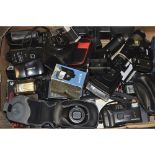 A Tray of Flash Guns and Compact Cameras, flash manufacturers including Phillips, Metz and Sunpak,
