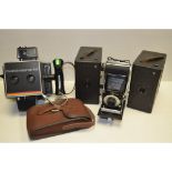 A Tray of Cameras, Two Ensign J-B box cameras, a Coronet folding camera and a Polaroid Mini