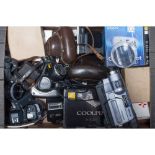 A Box of Assorted Cameras and Related Accessories, Items including two digital compacts from Nikon
