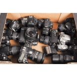 A Tray of DSLR Cameras, including a Nikon D200, Canon EOS 40D, Konica Minolta Dynax 5D, nearly all