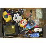 Camera Related Novelty Toys, a 35mm Pingu compact camera, a Mickey mouse camera, various key