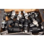 A Tray of SLR Cameras, manufacturers including Olympus, Yashica, Praktica, Pentax and Canon, with