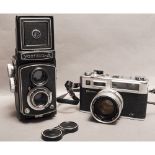 A Pair of Yashica Cameras, a Yashica-A TLR Camera with Yashimar 80mm f3.5 in original leather case