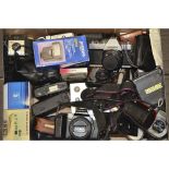 A Tray of Cameras and Accessories, an assortment of items including a Voigtländer Perkeo II