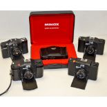 Minox 35mm Cameras, a Minox 35PL, 35EL, 35ML, a GT-E together with a 35 GL in a presentation case