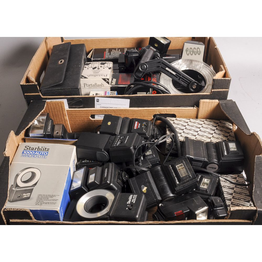 Two Trays of Flash Units, manufacturers including Nikon, Metz, Vivitar together with some