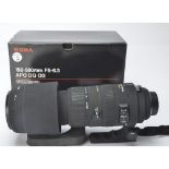 Sigma Lens, 150 - 500mm f/5 - 6.3 APO DG OS in original manufacturer's box with fabric branded carry