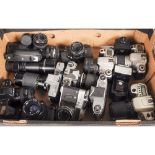 A Tray of SLR Cameras and some Lenses, manufacturers including Nikon, Contax, Zenit and others, some
