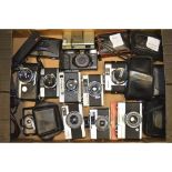 A Tray of Rangefinder and Compact Cameras, including a Voigtländer Vito B, a Olympus Pen FT with