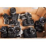 A Tray of SLR Cameras, including a Nikkormat, Pentax ME Super, Nikon F90X and more