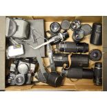 A Tray of Bridge Cameras and Lenses, Bridge examples by Ricoh and lens manufacturers including