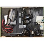 A Tray of 35mm Cameras, including a Minolta 9000, Olympus bridge cameras (2), a Yashica 230AF, a JVC