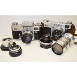 Kiev Rangefinder Cameras, a metered 4M example together with a 4A both with maker's leather cases