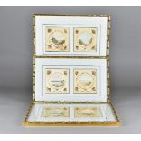 Three pairs of Edwardian silk paintings, of coastal and ruarl scenes within a bow frame and floral