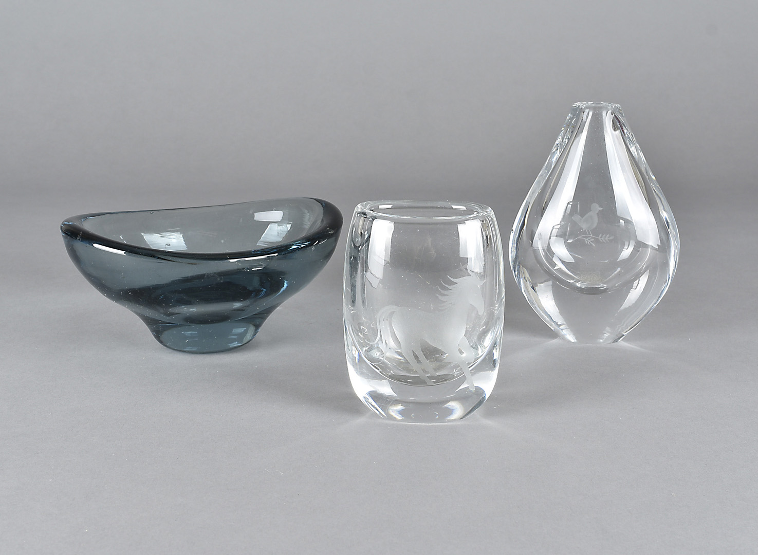 Three 1950s and later glass items, including a Holmegaard freeform bowl probably by Per Lutken, 16.