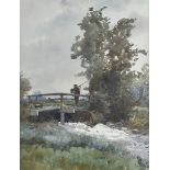 Margaret Bernard (Exh. 1883-1924), watercolour, figures on a bridge, with fishing rod, signed